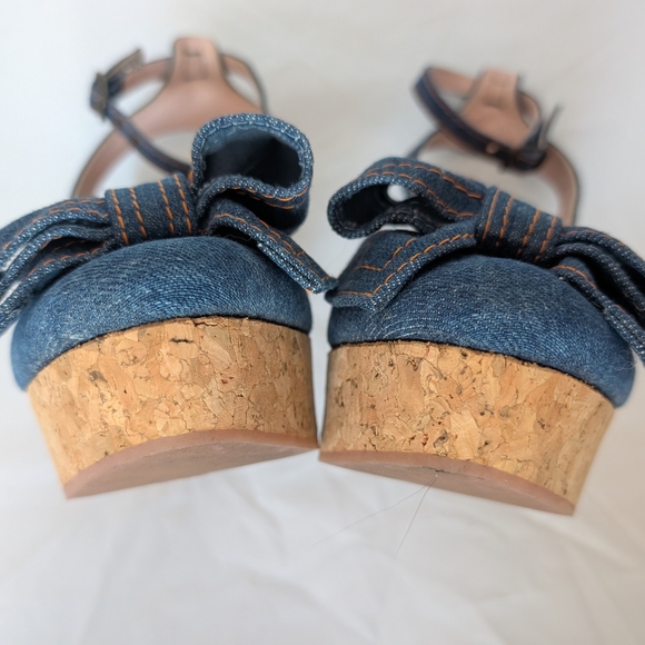 Red Denim Bow Wedge Sandals - Picture 9 of 12